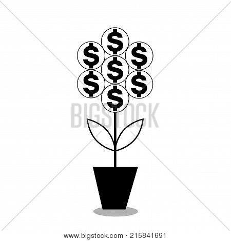 black icon of dollar flower in the pot. vector illustration, silhouette, clip art isolated on white background.