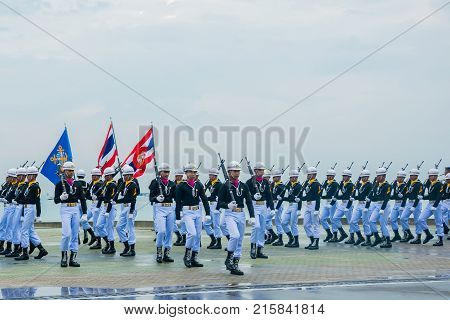 Pattaya Thailand - November 15 2017: Navy parade marching to perform fancy drill in International Fleet Review 2017 at the beach of Pattaya Thailand