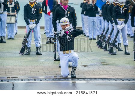 Pattaya Thailand - November 15 2017: Thai navy demonstating Fancy Drill in International Fleet Review 2017 at the beach of Pattaya Thailand.