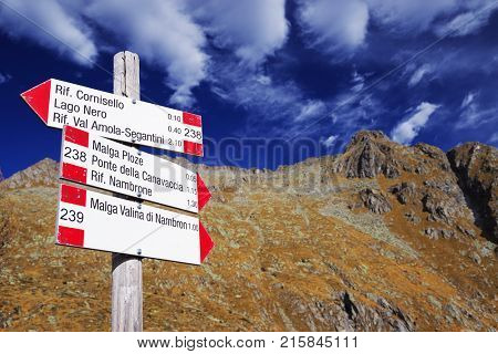 Mountain sign in Adamello - Presanella Alpine Group, Italy, Europe