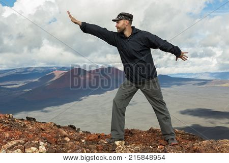 Tourist at the top of Hiking trail climb to the North Breakthrough Great Tolbachik Fissure Eruption 1975