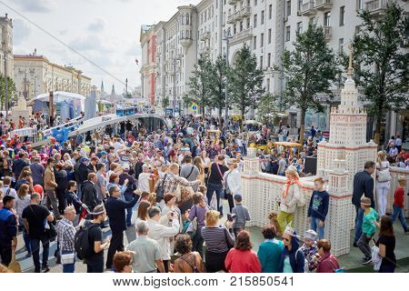 MOSCOW, RUSSIA - SEP 10, 2017: People walk on Tverskaya street during celebrating City Day. Tverskaya street becomes pedestrian for celebration of City Day.