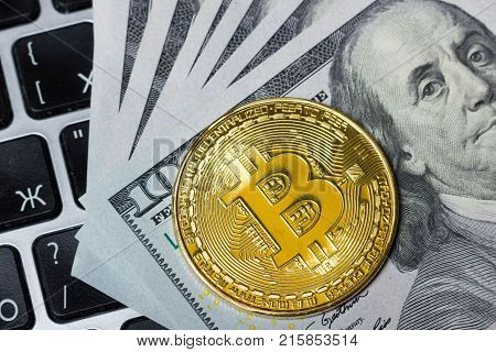 Bitcoin golden coin New virtual money and dollar background . Cryptocurrency. Business and Trading concept.