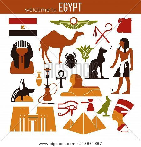 Set of Egypt symbols and landmarks. Flat vector illustrations. Symbols of ancient culture map, sphinx and pyramid pharaoh in Giza, camel and cat, ankh and eye, anubis and hathor.