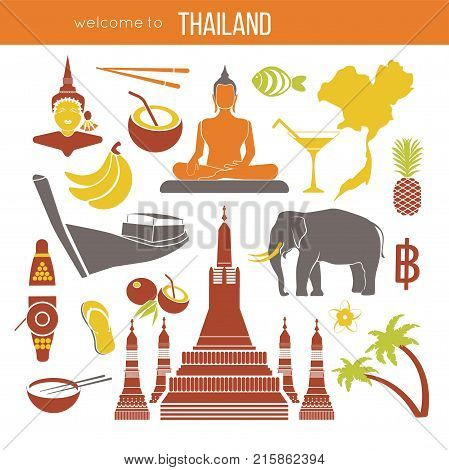 Set of Thailand travel symbols and Bangkok landmarks. Thai culture flat vector illustrations. Collection tourism icons elephant and monk, Golden Buddha and temple, flower and pineapple, flag and map.