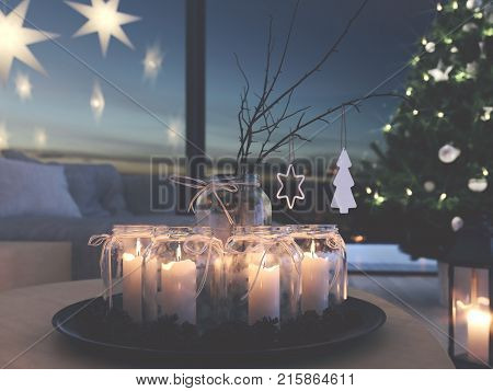 advent decoration in an christmas interior. 3d rendering