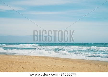 Bright Blue Turquoise Sea Ocean Waves, Summer Paradise Exotic Water Landscape Background With Mounta