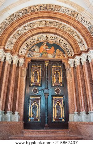 Pannonhalma, Hungary - July 28, 2016: Rich Decorated Door Entrance At Pannonhalma Abbey.
