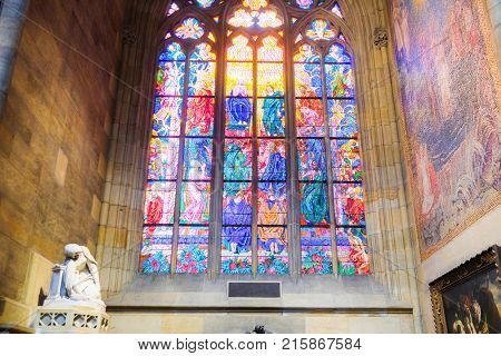 Kutna Hora, Czech Republic - Nivember, 24, 2017: painting glass in St. Vita cathidral in Prague