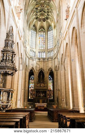 Kutna Hora, Czech Republic - Nivember, 24, 2017: interior of St. Barbara cathidral in Kutna Nova