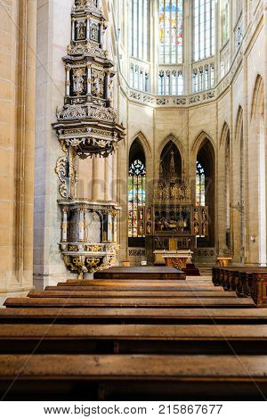 Kutna Hora, Czech Republic - Nivember, 24, 2017: interior of St. Barbara cathidral in Kutna Nova