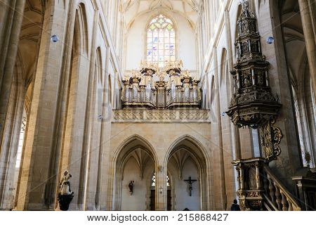 Kutna Hora, Czech Republic - Nivember, 24, 2017: interior of St. Barbara cathidral in Kutna Nova