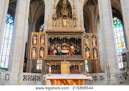 Kutna Hora, Czech Republic - Nivember, 24, 2017: interior of St. Barbara cathidral in Kutna Nova