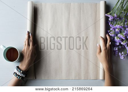People Hands Showing Blank Empty Design Space Paper Roll