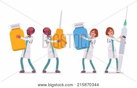 Male and female doctor with giant tools. People in hospital uniform holding big enema, syringe. Medicine and healthcare concept. Vector flat style cartoon illustration isolated on white background