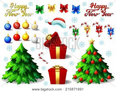Big set of New Year attributes and Lettering. Fir-tree, sheres, gift box and candy canes. A vector full-color illustration in cartoon style, separately on a white background