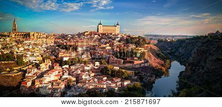 Panorama of the old city of Toledo and Tagus river Spain