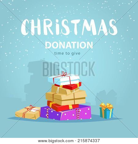 Christmas donate concept. Vector illustration a lot of gift boxs winter season charity
