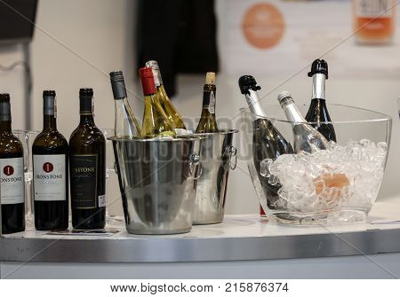 CRACOW POLAND - NOVEMBER 16 2017: International Wine Trade Fair ENOEXPO in Cracow. Producers of wine from all around the world meet the importers distributors and representatives. Cracow. Poland