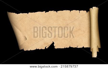 Antique scroll of parchment with torn edges. Isolated on black background.