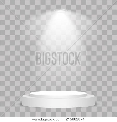 Round stage podium illuminated with light on transparent background. Stage vector backdrop. Festive podium scene with red carpet for award ceremony. Vector illustration.