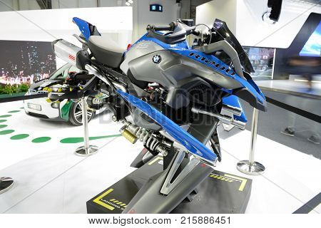 DUBAI UAE - NOVEMBER 18: The Based on the Lego Technic BMW R 1200 GS Adventure kit futuristic concept hover vehicle is on stand of Dubai Police on Dubai Motor Show 2017 on November 18 2017