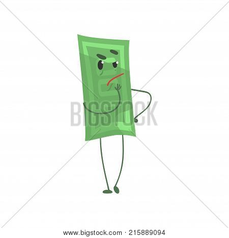 Hundred dollars with pensive face expression. Cartoon banknote character in flat style. Money and finance concept. Vector illustration isolated on white. Design for sticker, print, poster, mobile app.