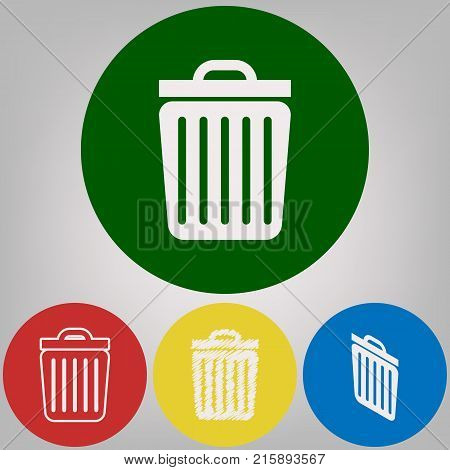 Trash sign illustration. Vector. 4 white styles of icon at 4 colored circles on light gray background.