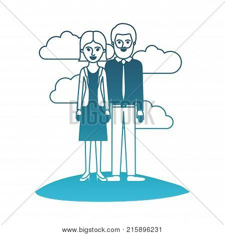 couple in degraded blue silhouette scene outdoor and her with blouse and jacket and skirt and heel shoes with short straight hairstyle and him with shirt and tie and pants and shoes with short hair and bearded vector illustration
