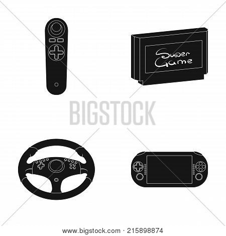 Game console and joystick black icons in set collection for design.Game Gadgets vector symbol stock  illustration.