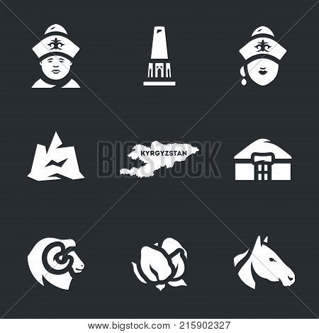 Kirgiz, monument, woman, mountain, map, yurt, ram, cotton, horse.