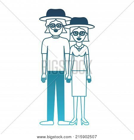 couple in degraded blue silhouette and both with hat and glasses and him with beard and t-shirt and pants and shoes and her with blouse and skirt and heel shoes and short straight hair vector illustration