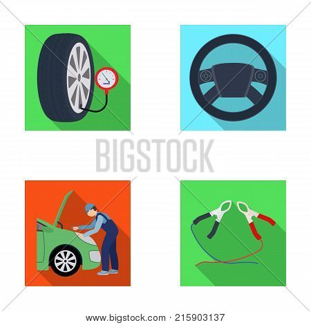 Engine adjustment, steering wheel, clamp and wheel flat icons in set collection for design.Car maintenance station vector symbol stock illustration .
