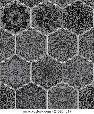Oriental seamless pattern in style of colorful floral patchwork boho chic with mandala in hexagon elements