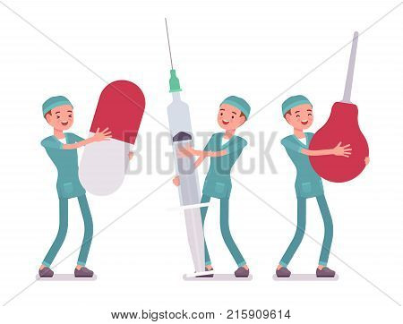 Male nurse and big tools. Young man in hospital uniform holding giant enema, syringe, pill. Medicine and healthcare concept. Vector flat style cartoon illustration isolated on white background