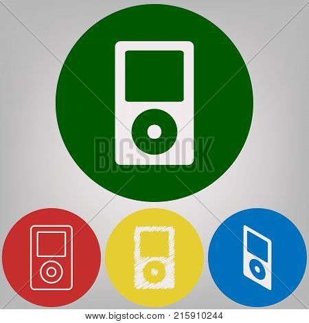 Portable music device. Vector. 4 white styles of icon at 4 colored circles on light gray background.