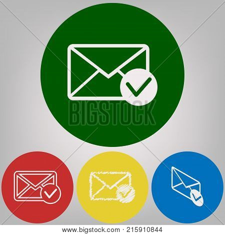 Mail sign illustration with allow mark. Vector. 4 white styles of icon at 4 colored circles on light gray background.