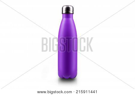 Stainless thermos water bottle, isolated on white background. Light violet color