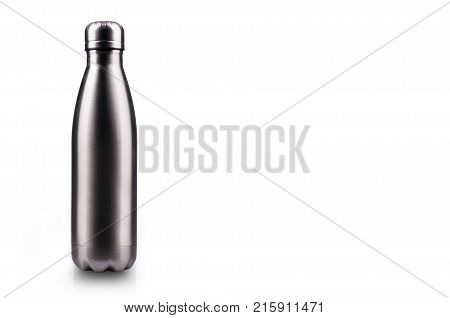 Stainless thermos water bottle, isolated on white background. Silver color