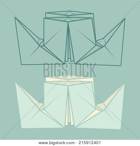 Set vector simple illustration paper origami and contour drawing of steamship.