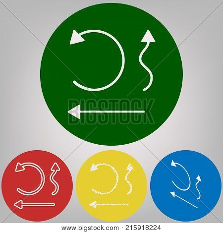 Simple set to Interface Arrows. Vector. 4 white styles of icon at 4 colored circles on light gray background.
