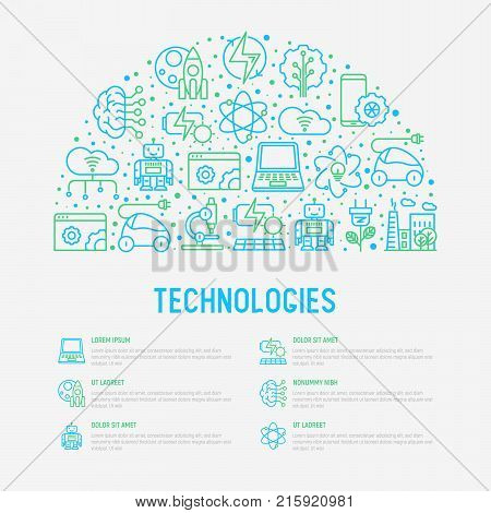 Technologies concept in half circle with thin line icons of: electric car, rocket, robotics, solar battery, machine intelligence, web development. Vector illustration for banner, web page, print media.