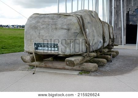 STONEHENGE, UK - SEPTEMBER 22, 2017: A photograph showing how a large sarsen stone might have been moved in the construction of stonehenge, Stonehenge, Wiltshire, UK