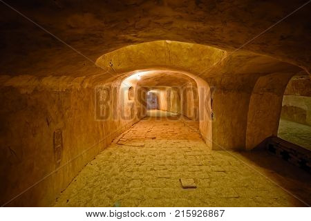 NAIN, IRAN - MAY 6, 2015: Underground hall for praying in the old Jame mosque basement in Iran.