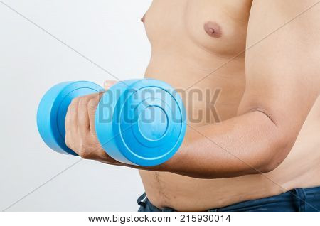 Concept Fat Finess : Obese man exercise to prevent heart disease high blood pressure thrombosis and weight loss. Man are more likely to Clog arteries.