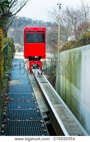 Red funicular rides from Smichov to Mrazovka park in Prague, Czech Republic