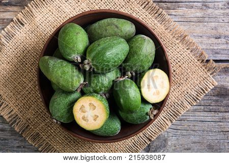 Tropical fruit feijoa . Healthy vegetarian food background