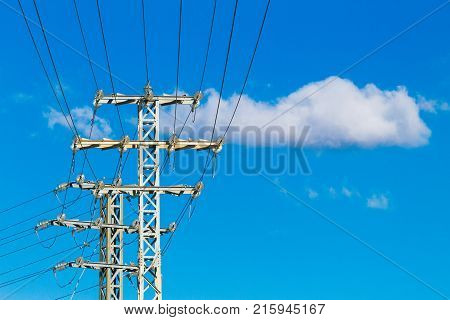 High voltage power lines and electric transmission pylon with blue sky background.