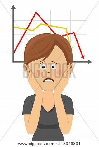 Young bankrupt woman clutching head over chart going down on white