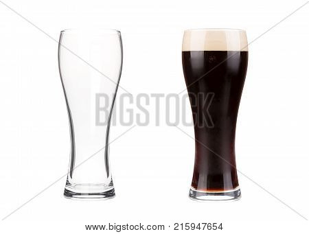 Two beer glasses isolated on white background. Mug filled with draft beer with bubbles and foam and an empty mug. Graphic design element for brewery ad, beer garden poster, flyers, printables.